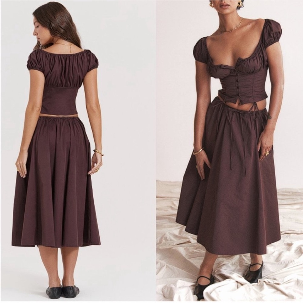 HOUSE OF CB 'Cora'‎ Rich Brown Gathered Midi Skirt NWOT size L